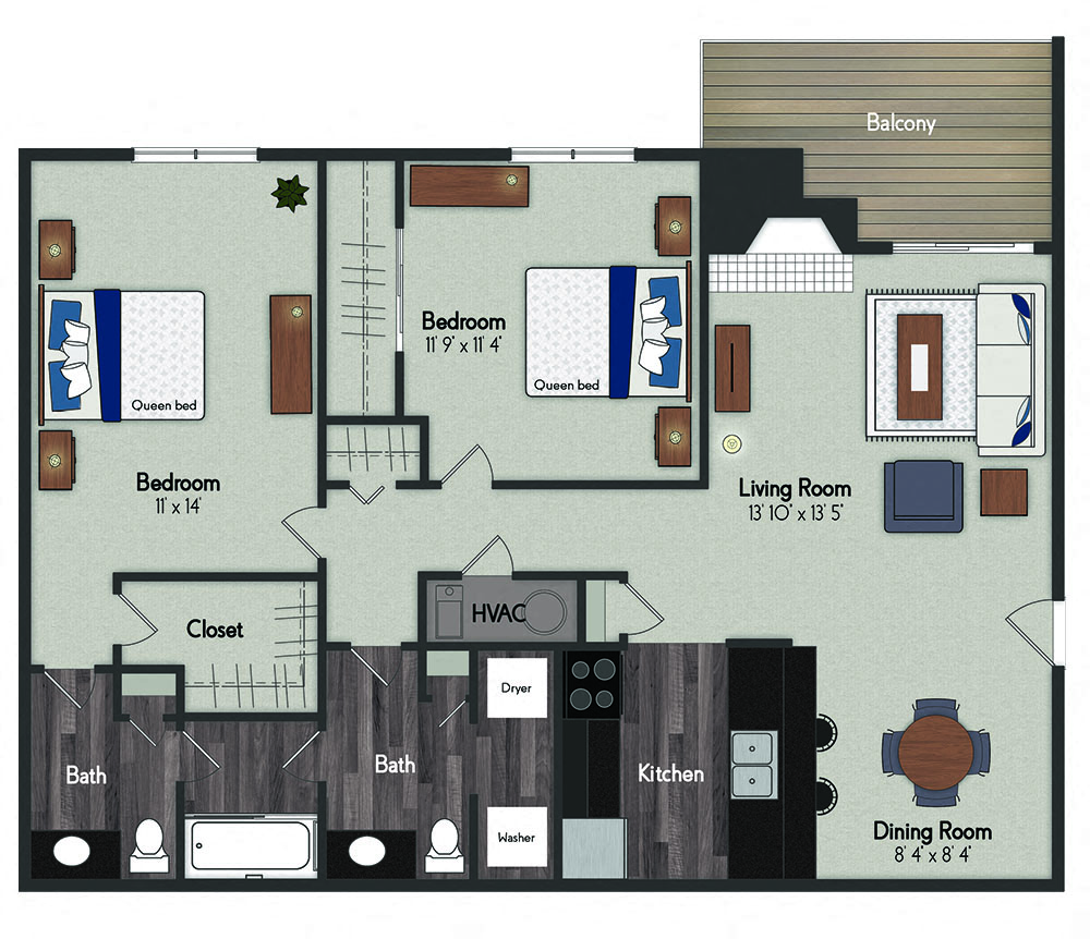 Floor plan for 2 beds, 2 baths, 905 sqft